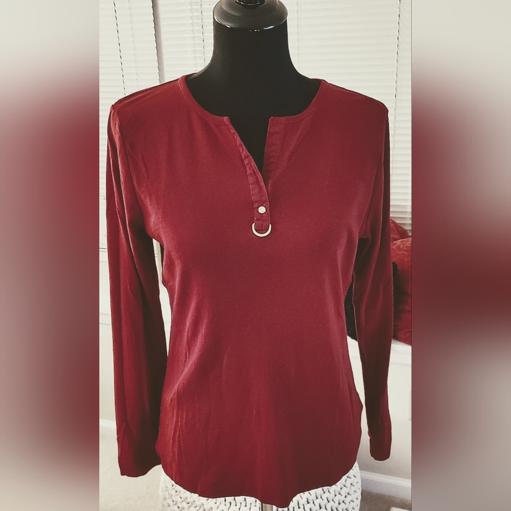 LAUREN Ralph Lauren RL Womens Long Sleeve T Shirt Top Brick Red  Large L Cotton
